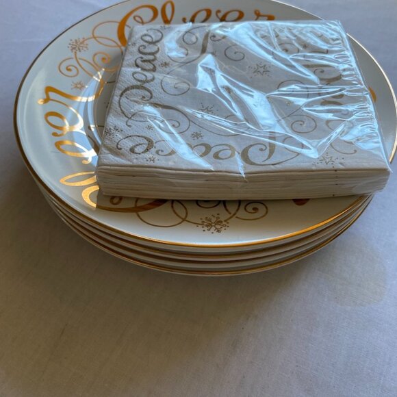 Set of 4 Hausenware Holiday Lyn Dillin Cheer Appetizer Dessert Plates w/Napkins - Picture 3 of 6